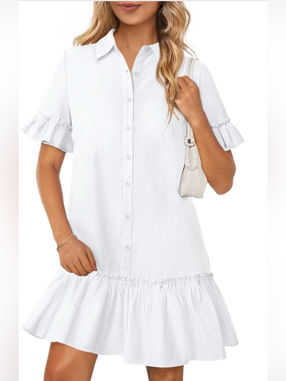 MEROKEETY Women’s Button Down Shirtdress Casual Ruffle Sleeve Mini Size M
